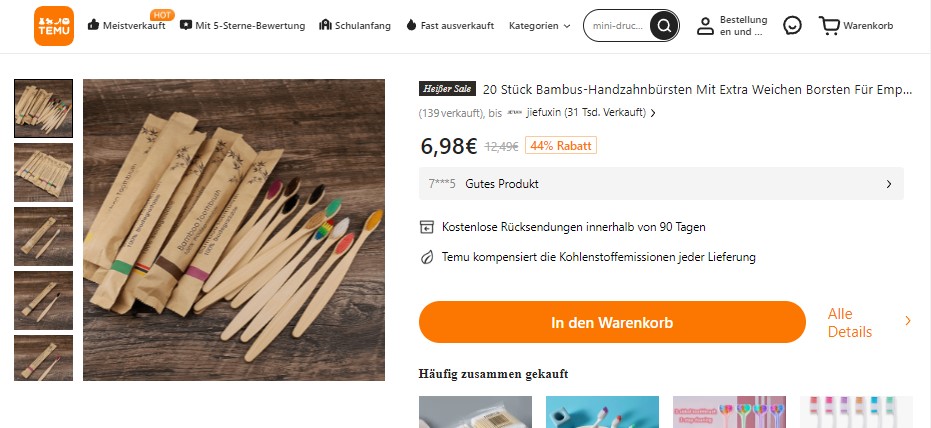 Screenshot von der Temu Website